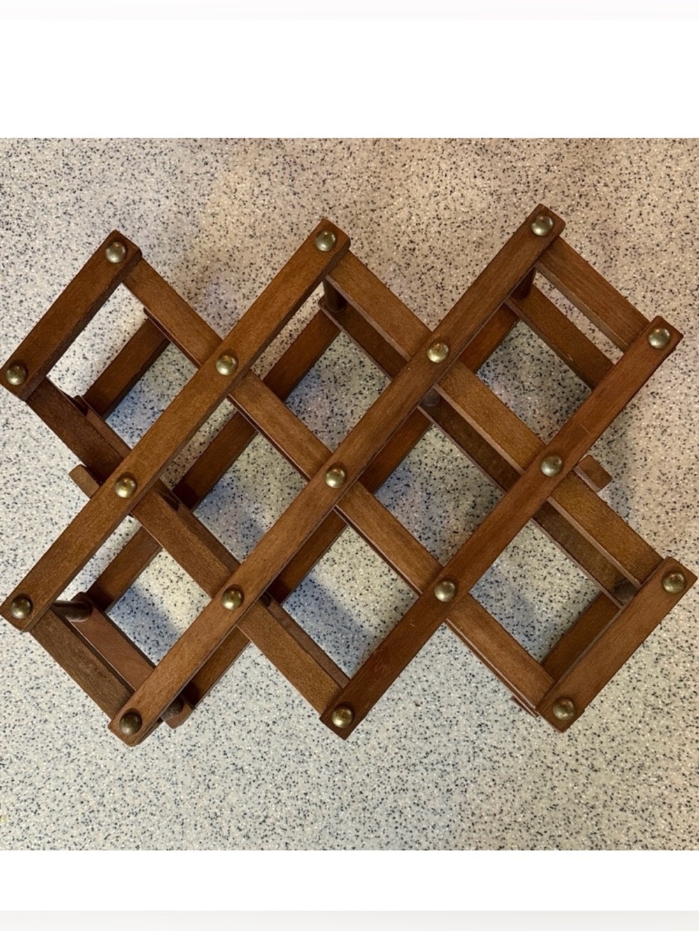 Vintage 70s Wooden Folding Accordion Style Wine Rack with Brass Nails.